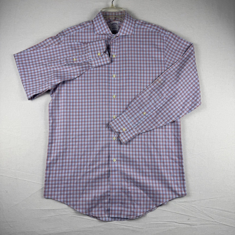 Brooks Brothers Mens Non-Iron Supima Cotton Check Dress Shirt Red Blue 15-33